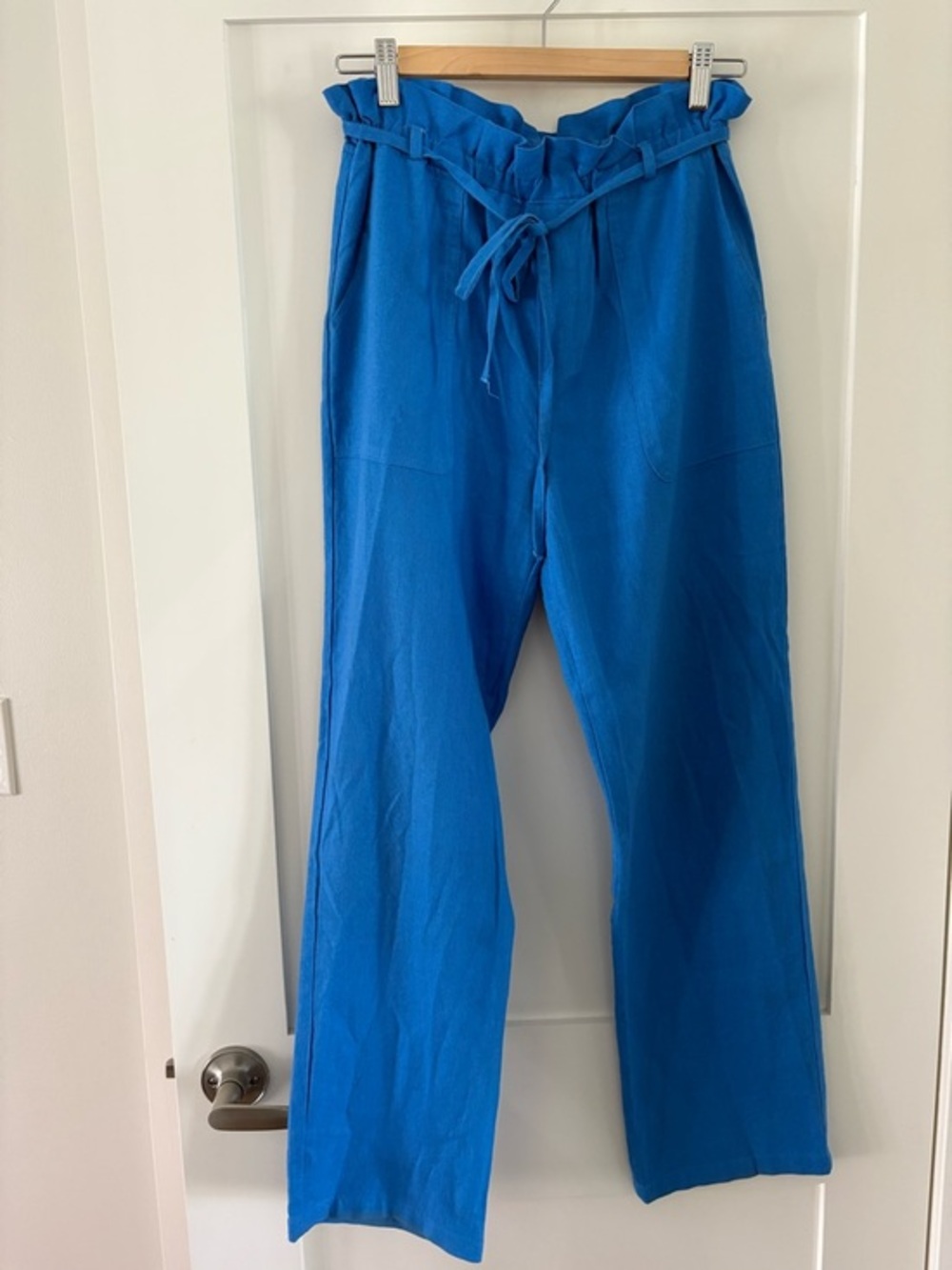 Love Tree bright blue Linen Blend Pants Elastic Waist Tie Belt Relaxed fit Small